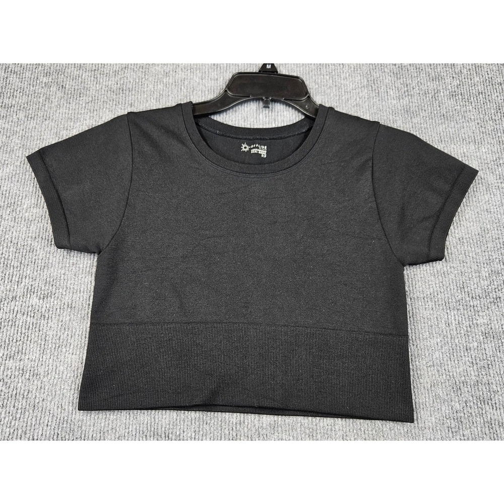 OFFLINE by Aerie Seamless Short Sleeve Crop Top Black Crew Neck Ribbed Hem Small